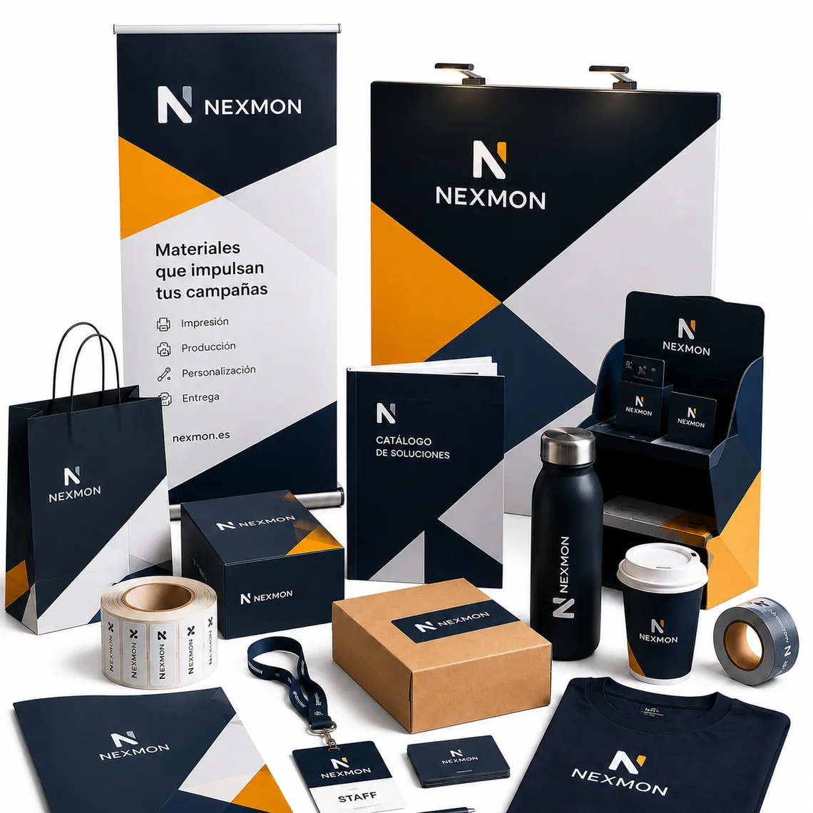 Roll-ups, expositores, packaging, bolsas, textil y papelería corporativa personalizados con la marca NEXMON.