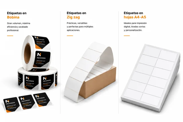 Etiquetas adhesivas personalizadas en bobina, zig zag y hojas A4-A5 para empresas de Cataluña y España.