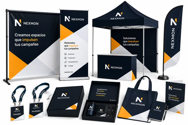 Eventos y activaciones: photocalls y fondos, roll-ups y banners, stands y estructuras, acreditaciones, kits de evento, material promocional.