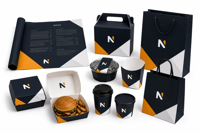 Packaging alimentario personalizado para restaurantes, cafeterías y empresas de delivery: manteles de papel, envases take away y bolsas personalizadas.